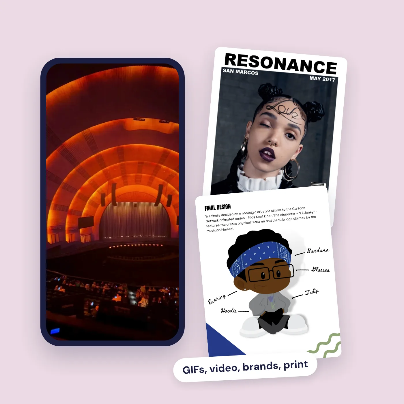 Sphere video on a phone next to the Resonance cover and Lil Joney