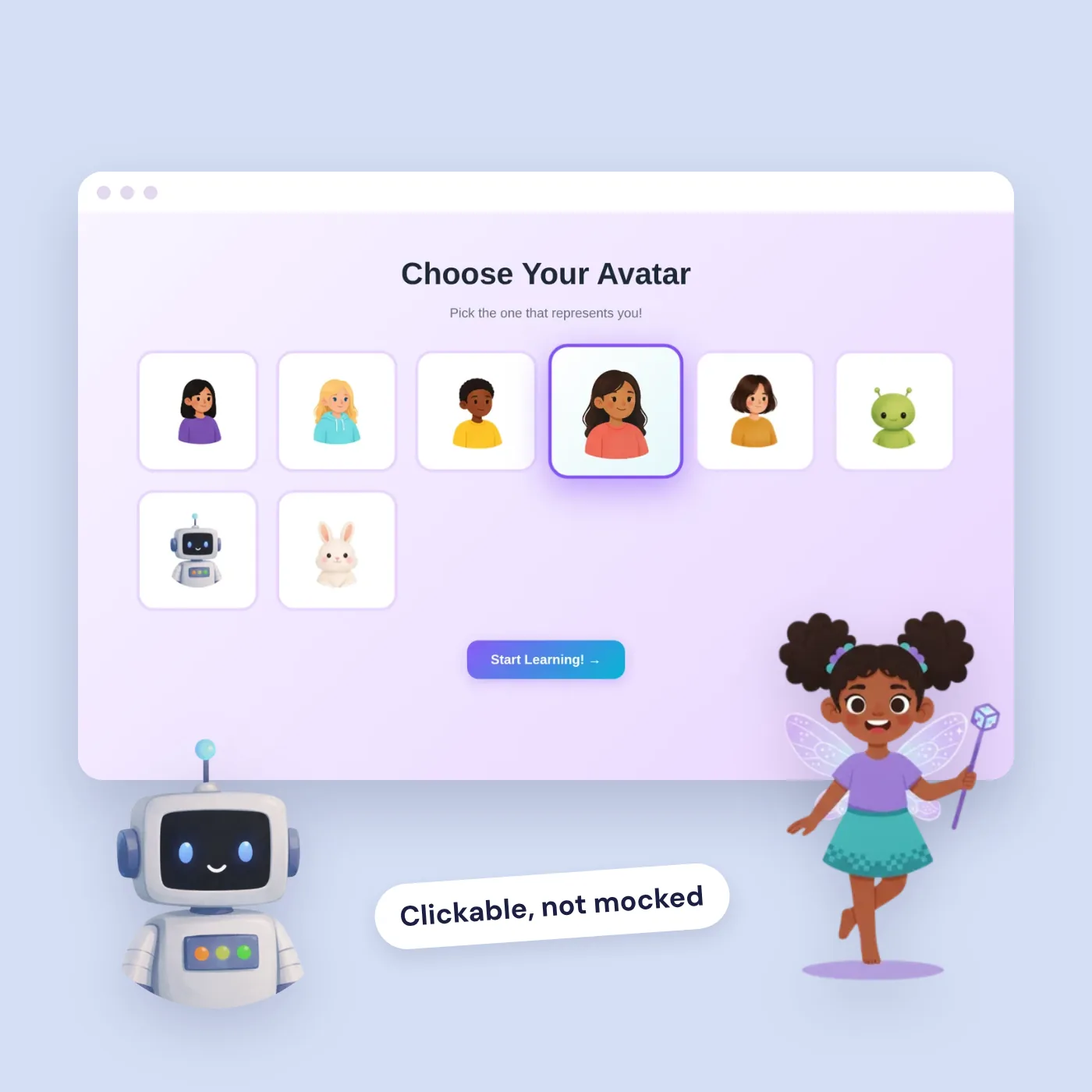 PixelPlay avatar picker with Pixie the fairy guide