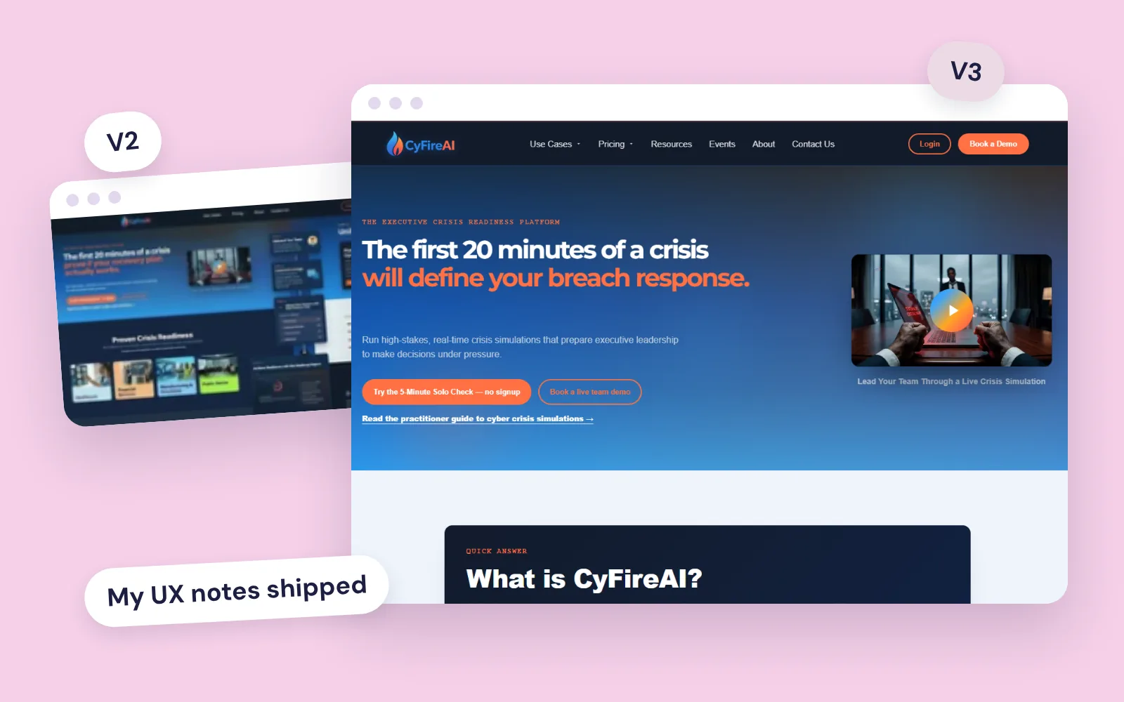 CyFire's site at V2, small, next to the redesigned V3 homepage