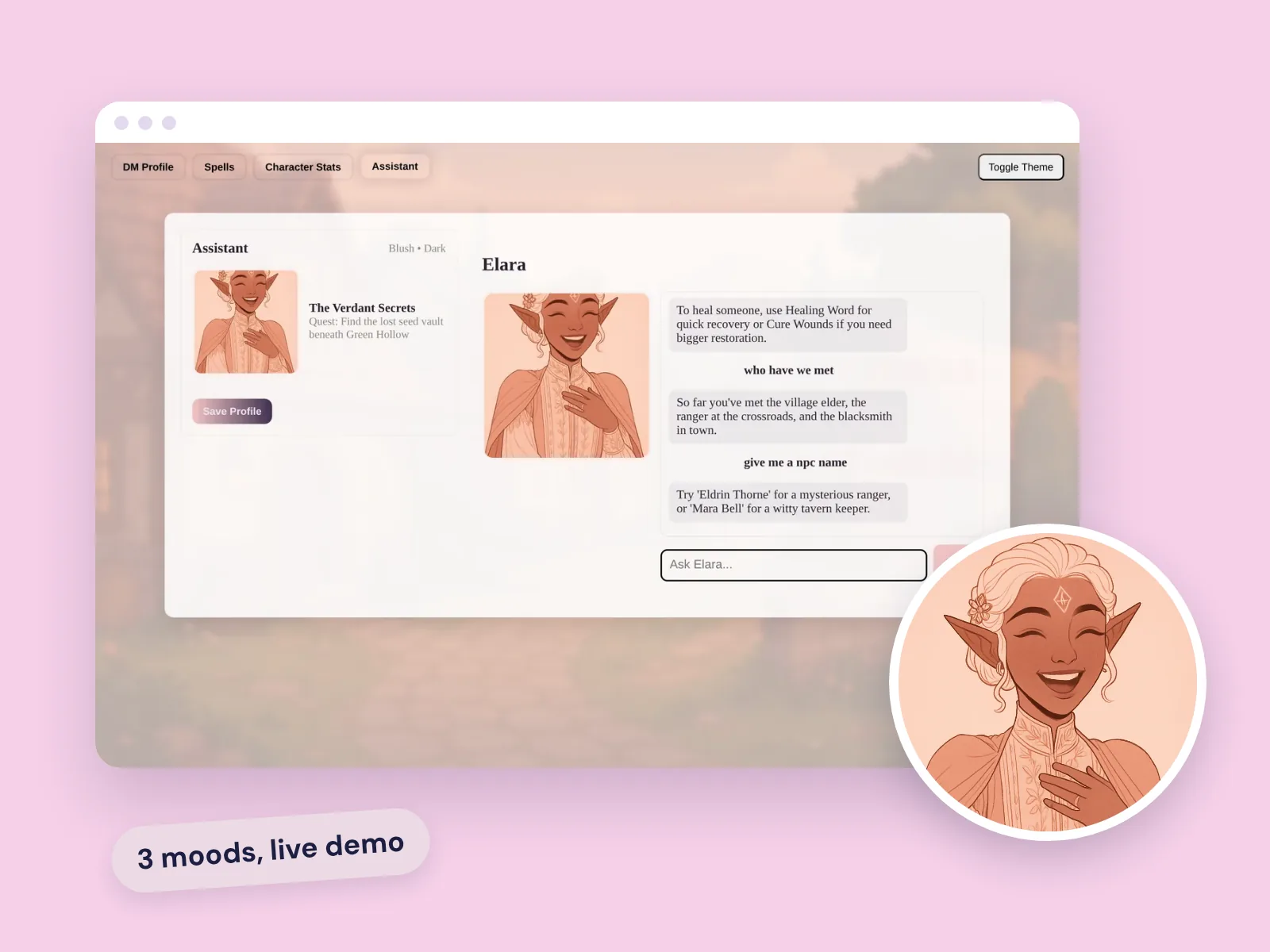 The Elara app with her chat panel open