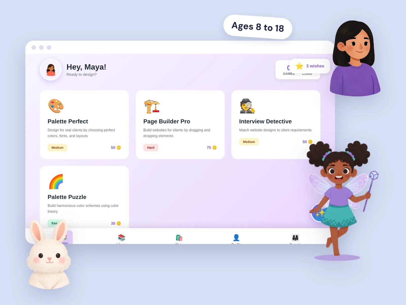 PixelPlay dashboard with four design games